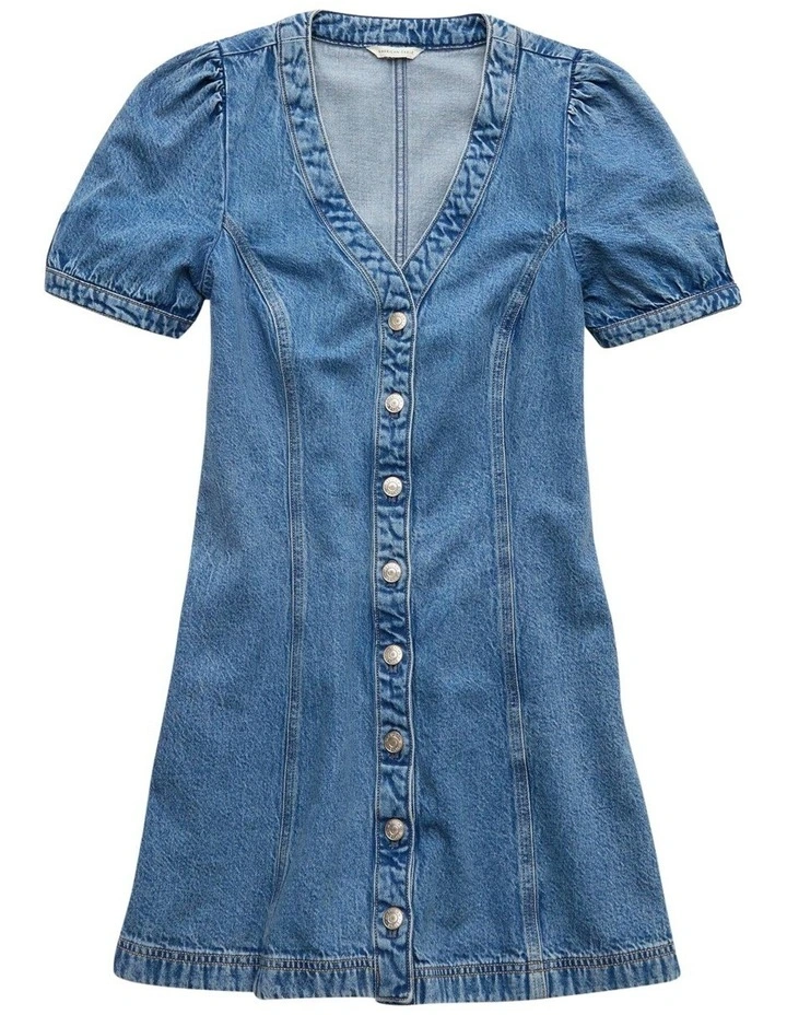 Puff Sleeve Denim Shift Dress in Medium Wash image 3