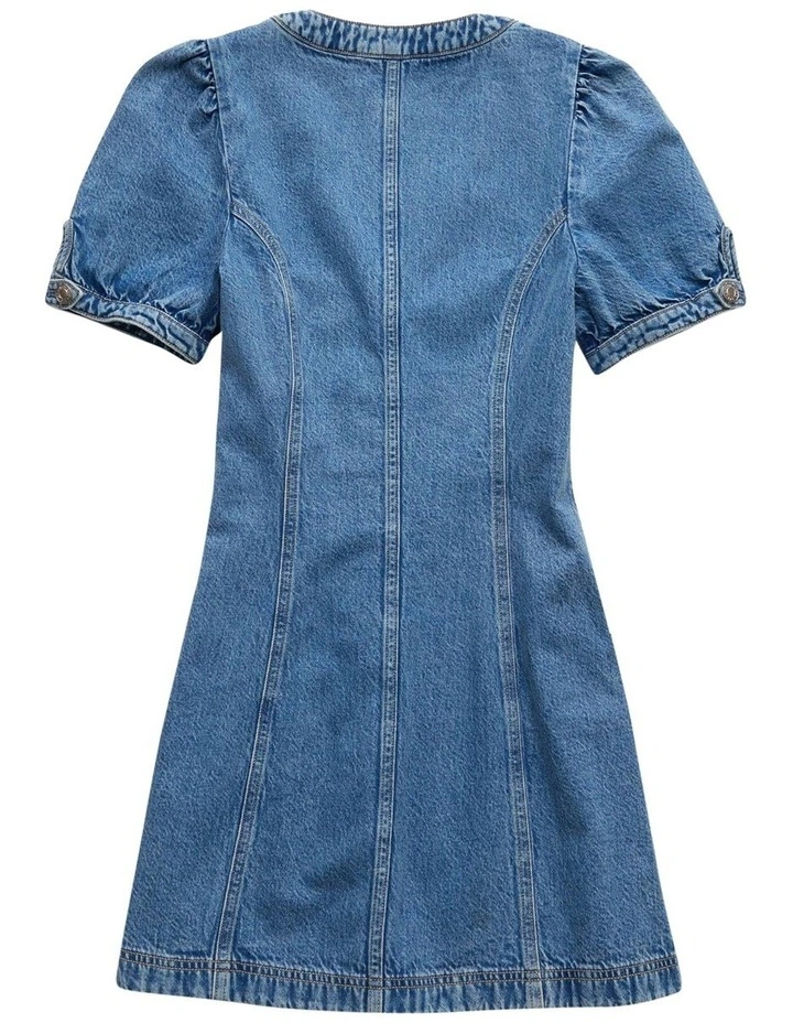 Puff Sleeve Denim Shift Dress in Medium Wash image 4