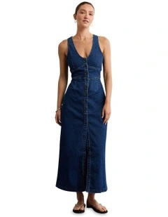 V-Neck Denim Maxi Dress in Dark Wash