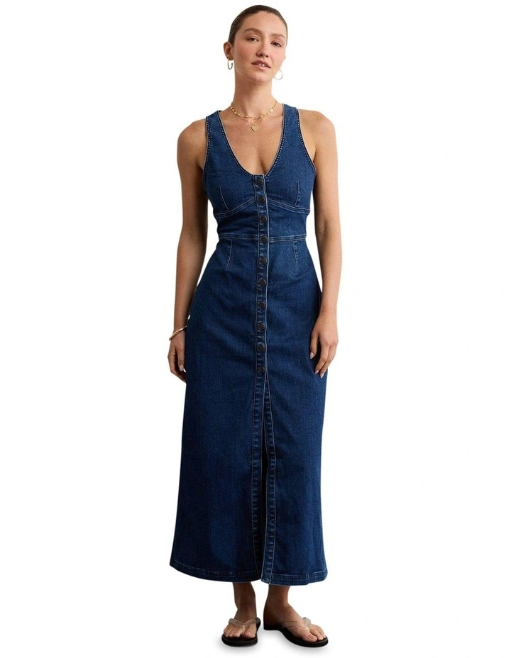 V-Neck Denim Maxi Dress in Dark Wash image 1