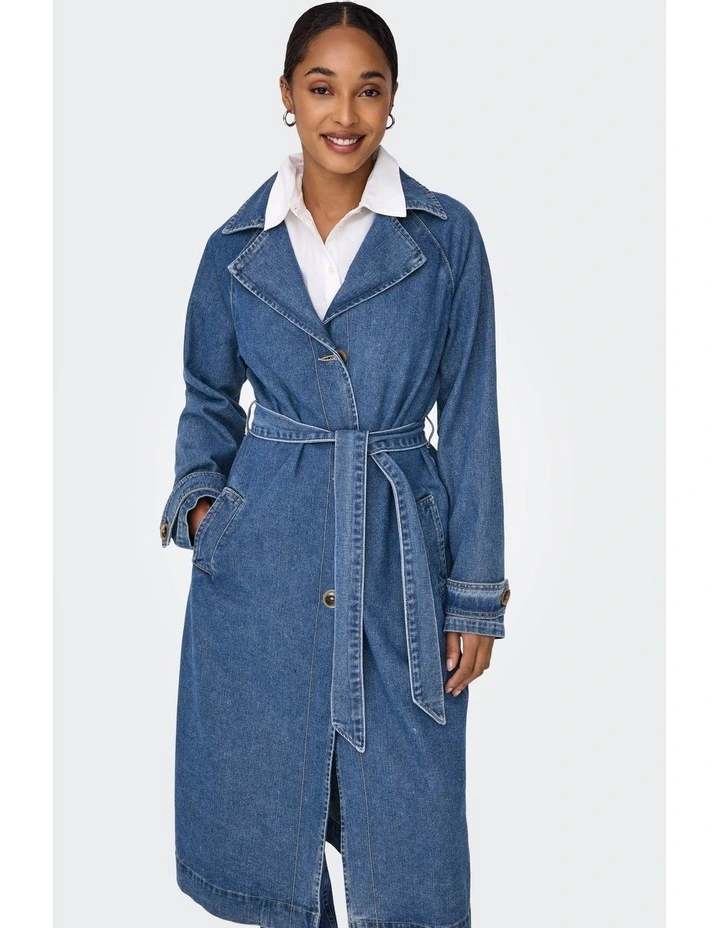 Malou Belted Denim Trench Coat in Medium Blue image 2