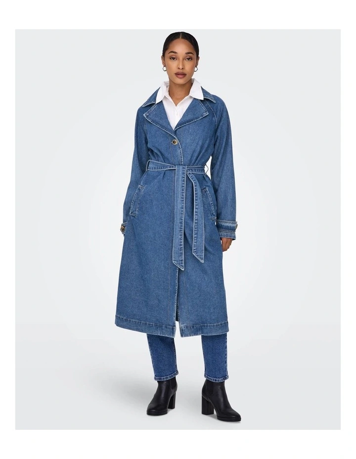 Malou Belted Denim Trench Coat in Medium Blue image 4