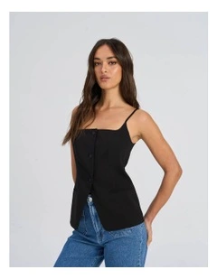 Adora Strap Buttoned Vest Top in Black