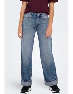 Ella Wide Fold Up Jeans in Mid Blue Denim