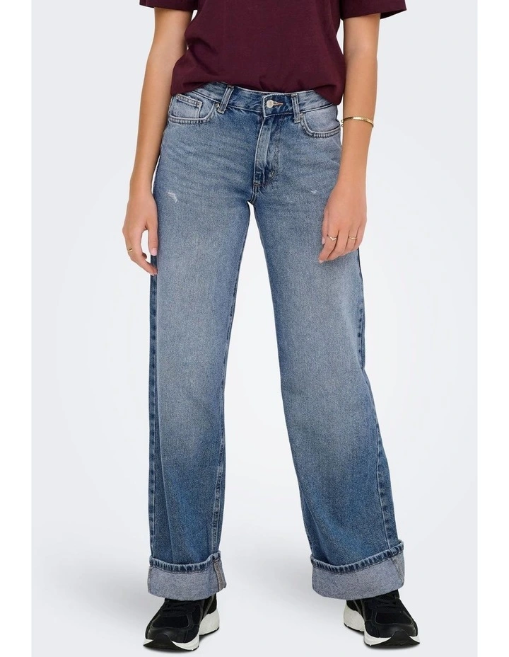 Ella Wide Fold Up Jeans in Mid Blue Denim image 1