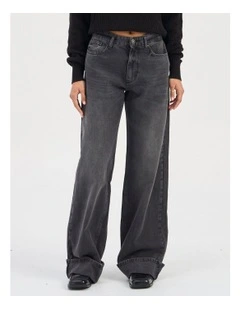 Ella Fold Up Wide Denim Jeans in Washed Black