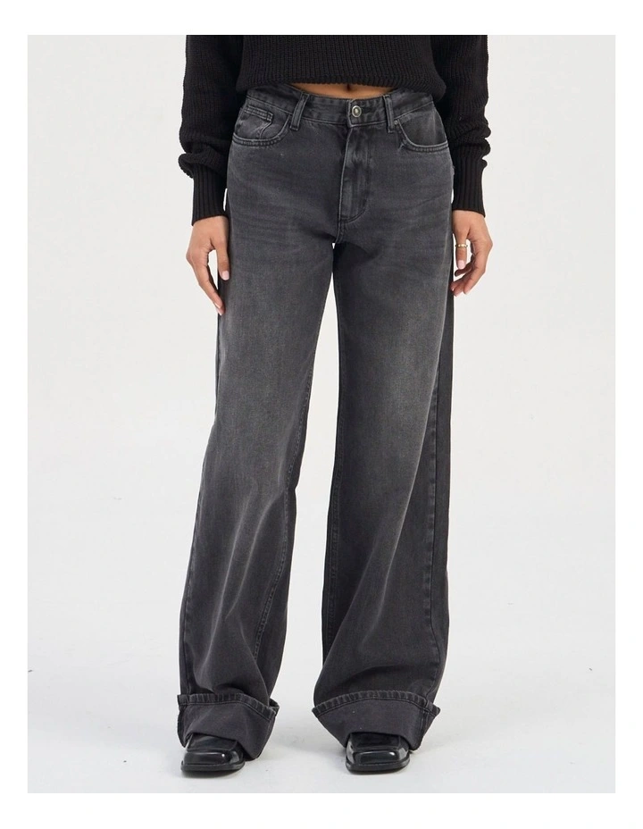 Ella Fold Up Wide Denim Jeans in Washed Black image 1