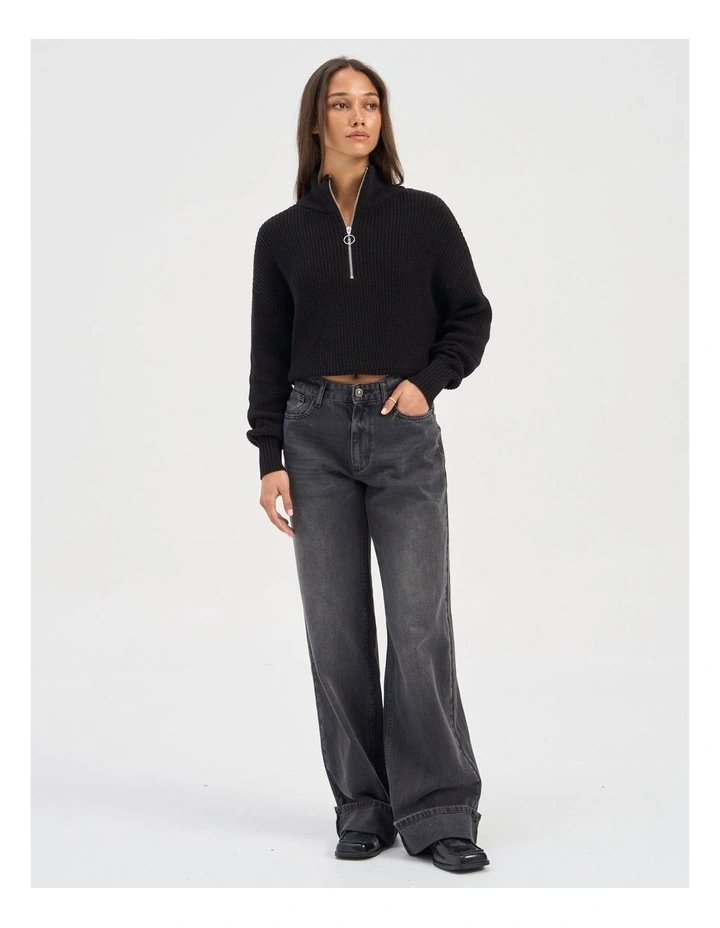 Ella Fold Up Wide Denim Jeans in Washed Black image 3