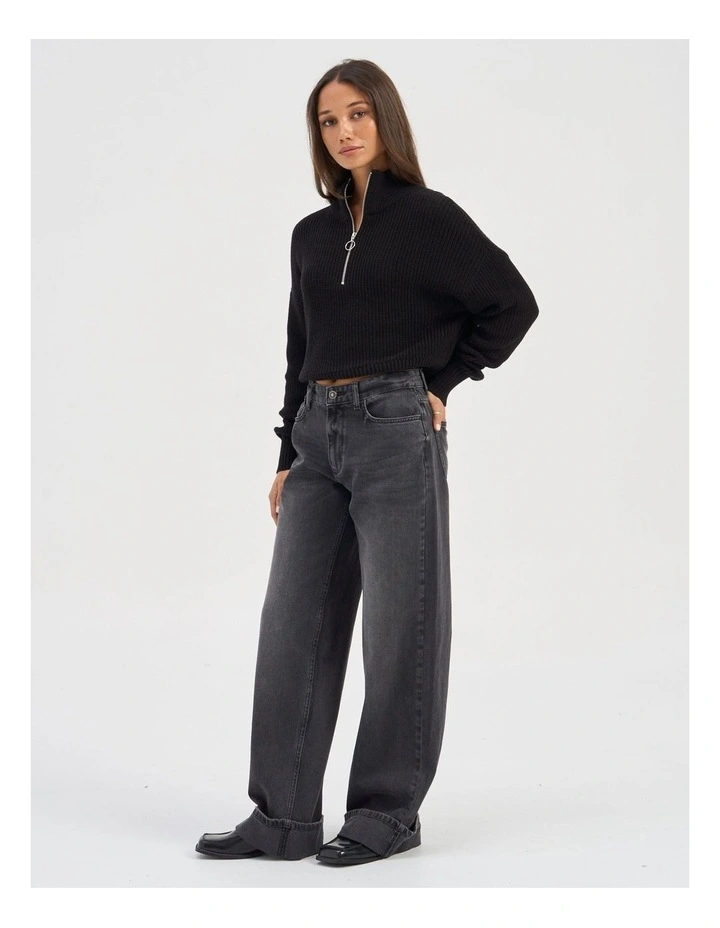Ella Fold Up Wide Denim Jeans in Washed Black image 4