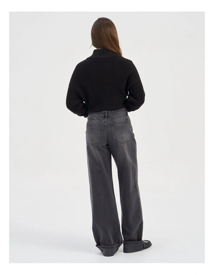 Ella Fold Up Wide Denim Jeans in Washed Black image 5