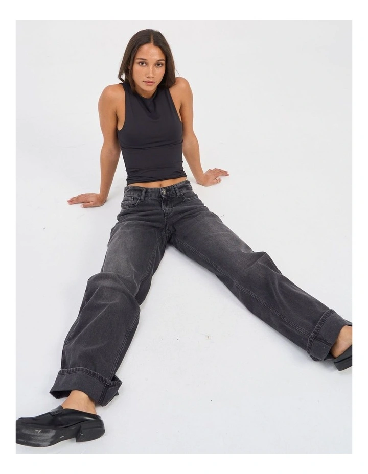 Ella Fold Up Wide Denim Jeans in Washed Black image 6