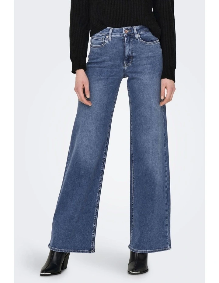 Madison Blush Stretch Wide Jeans in Mid Blue Denim image 1