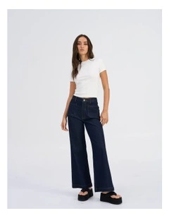 Victoria High Waisted Front Pocket Flared Denim Jeans in Dark Blue