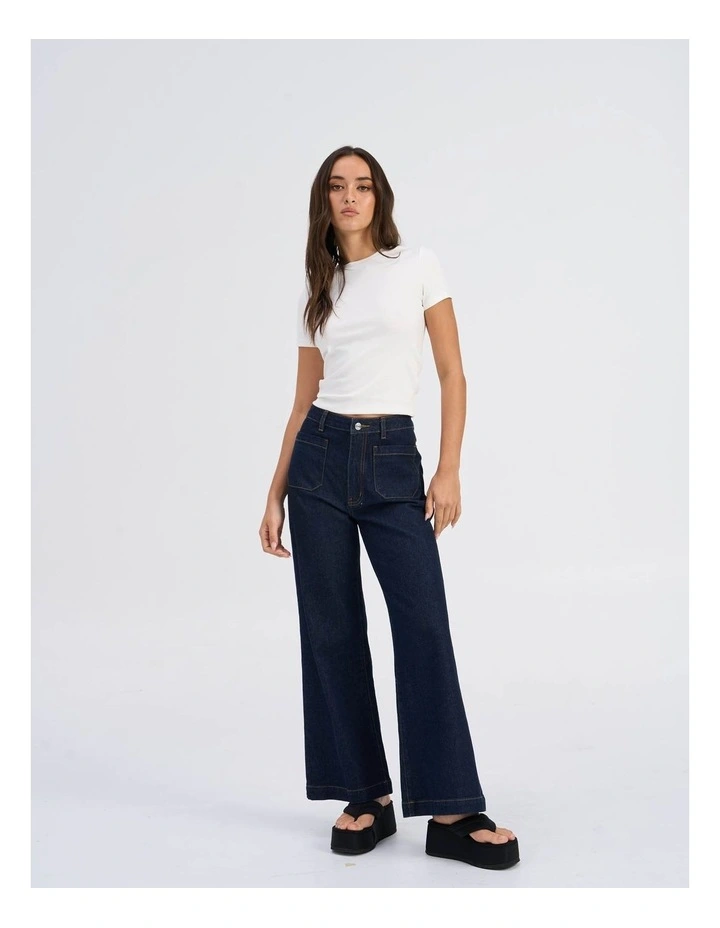 Victoria High Waisted Front Pocket Flared Denim Jeans in Dark Blue image 1