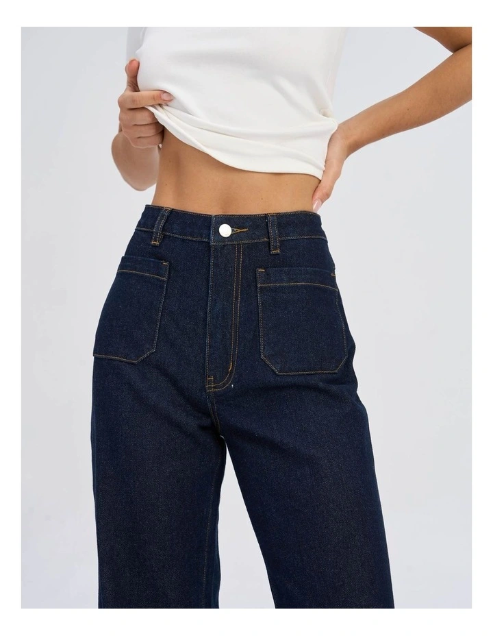 Victoria High Waisted Front Pocket Flared Denim Jeans in Dark Blue image 2