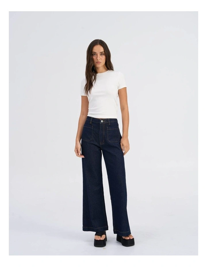 Victoria High Waisted Front Pocket Flared Denim Jeans in Dark Blue image 3