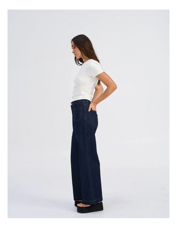 Victoria High Waisted Front Pocket Flared Denim Jeans in Dark Blue image 4