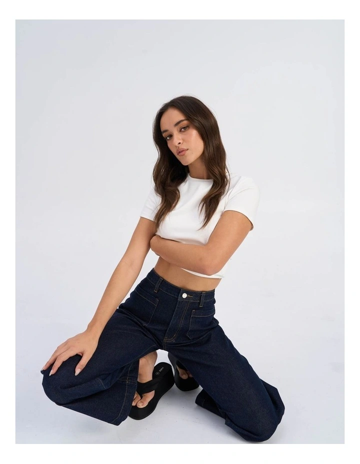 Victoria High Waisted Front Pocket Flared Denim Jeans in Dark Blue image 6