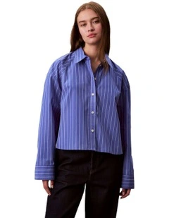 Stripe Boxy Cropped Shirt in Blue