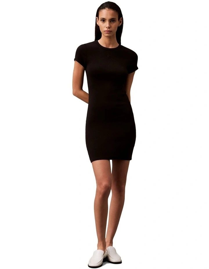 Short Sleeve Cotton Contour Rib Mini Dress in Black image 1