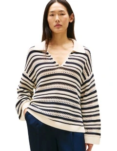 Crochet Oversized Polo Jumper in Beige