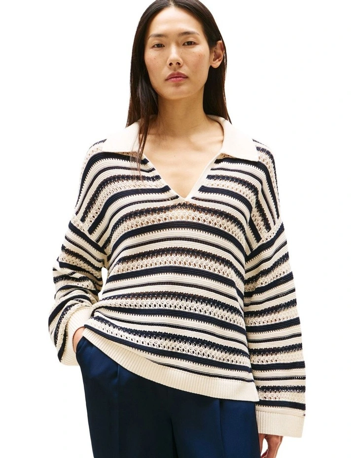 Crochet Oversized Polo Jumper in Beige image 1