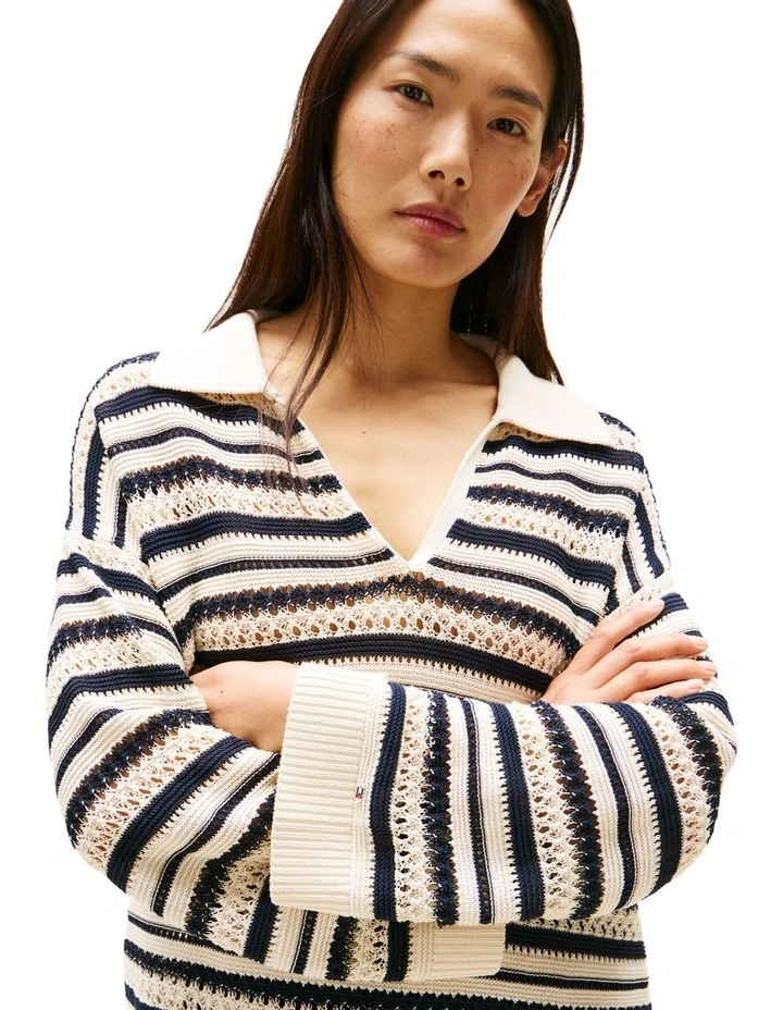 Crochet Oversized Polo Jumper in Beige image 3