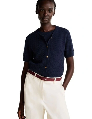 Wool Rich Short Sleeve Cardigan in Blue