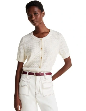 Wool Rich Short Sleeve Cardigan in Cream