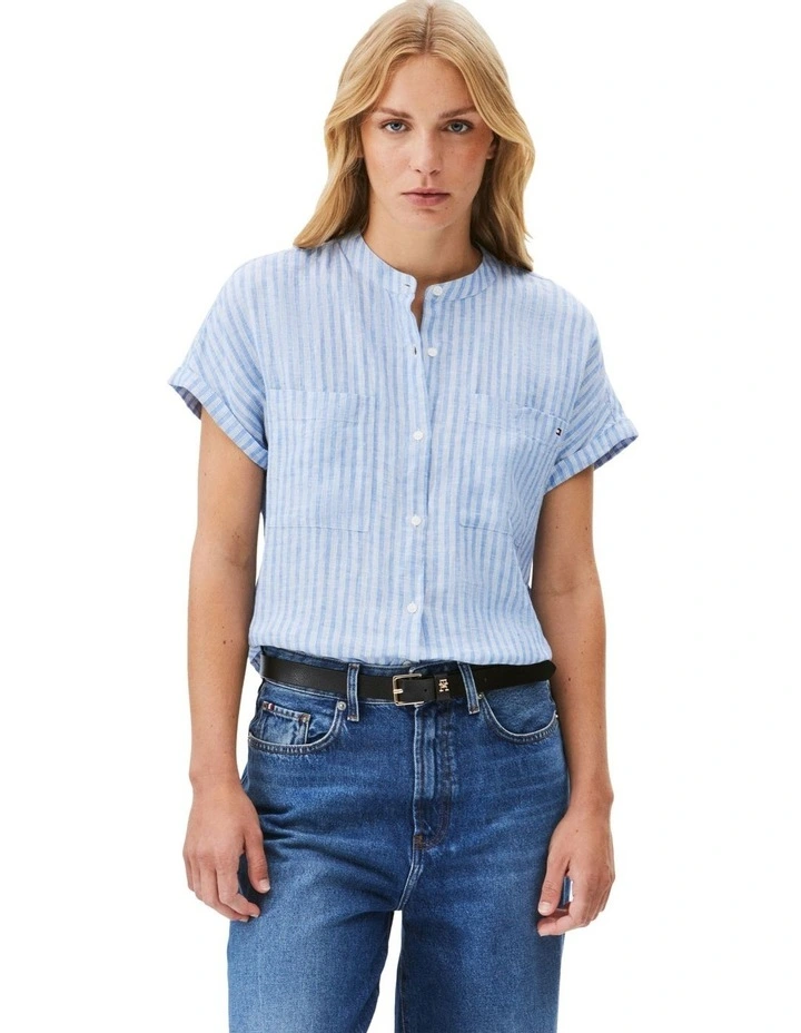 Relaxed Fit Short Sleeve Linen Blouse in Blue image 1