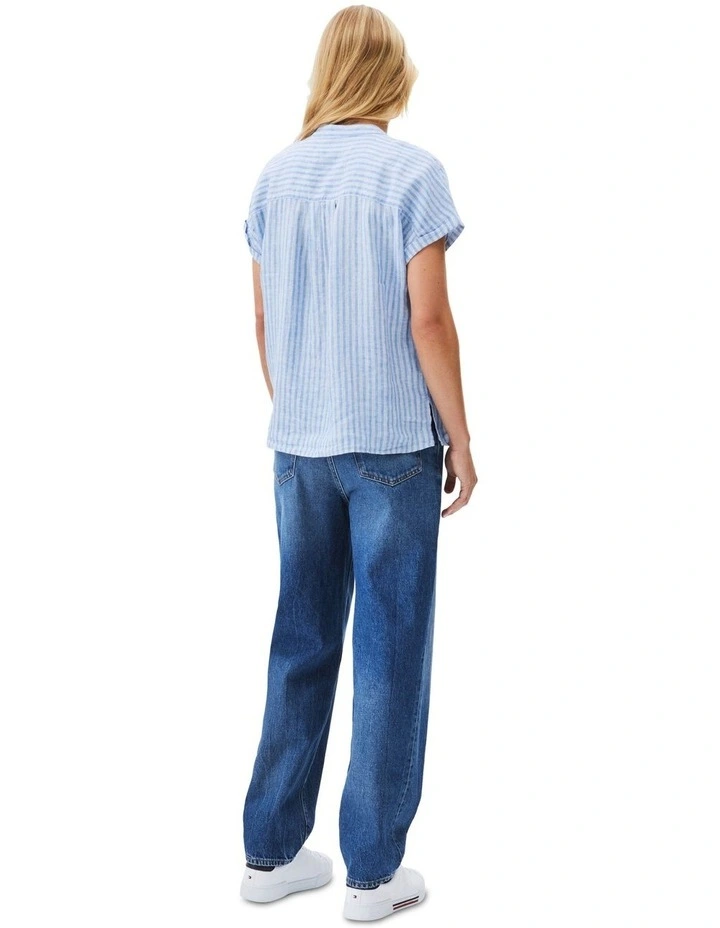 Relaxed Fit Short Sleeve Linen Blouse in Blue image 2