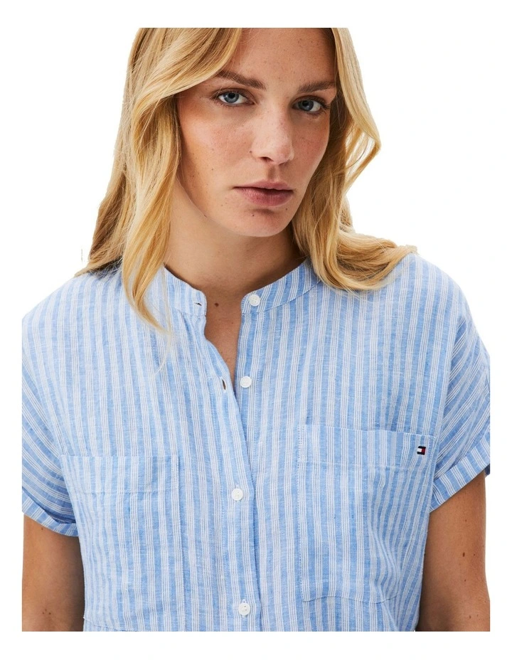 Relaxed Fit Short Sleeve Linen Blouse in Blue image 3