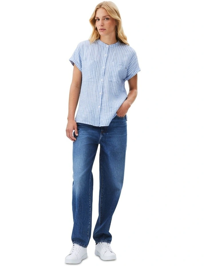 Relaxed Fit Short Sleeve Linen Blouse in Blue image 4