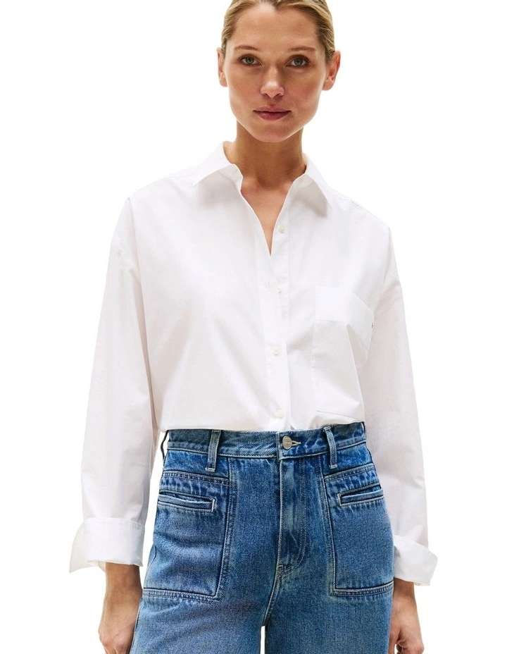Oversized Fit Adjustable Cuffs Poplin Shirt in White image 1