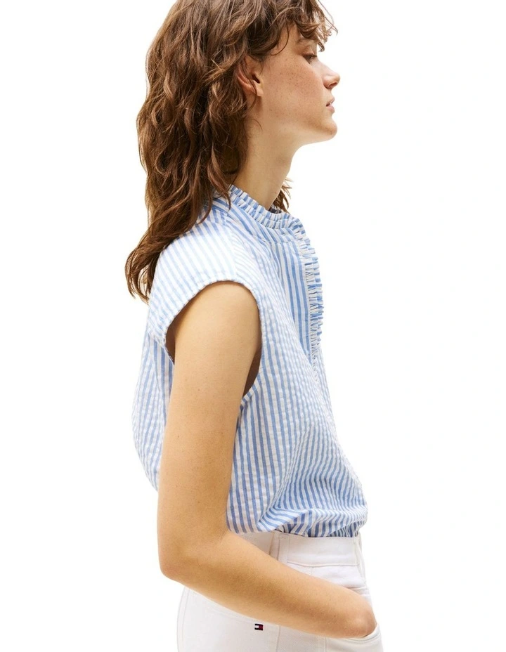 Seersucker Ruffle Sleeveless Shirt in Blue image 3