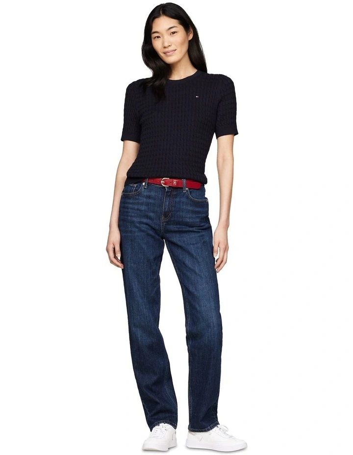 Cable Knit Slim Short Sleeve Jumper in Blue image 1