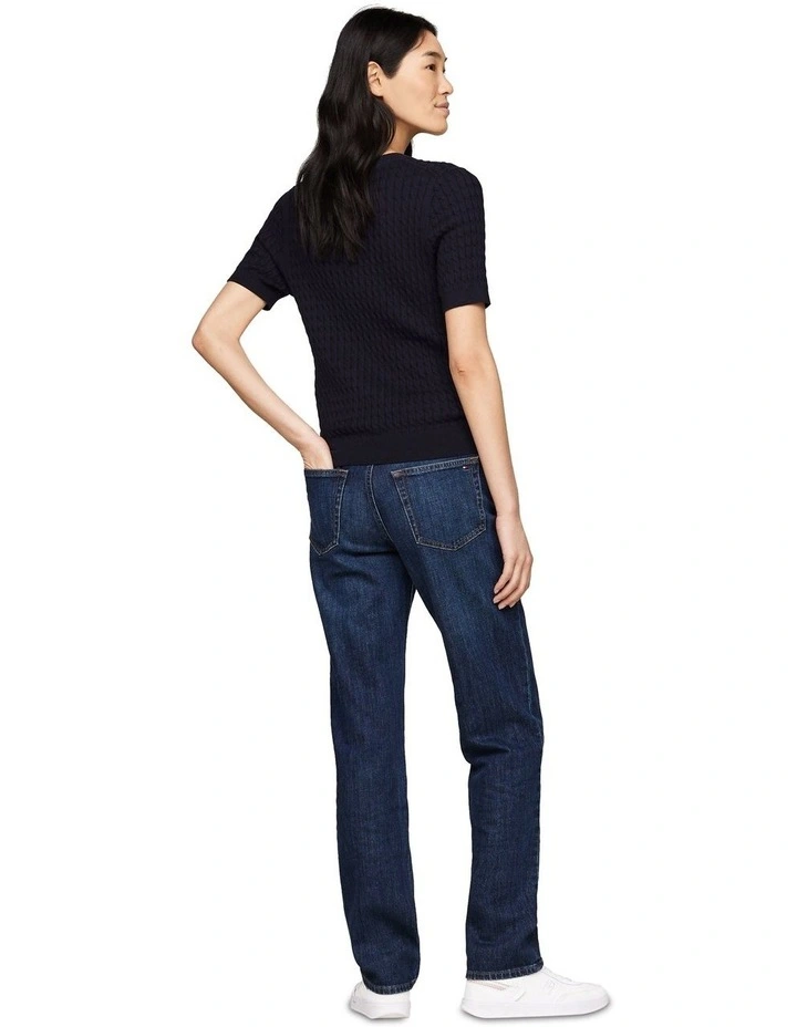 Cable Knit Slim Short Sleeve Jumper in Blue image 2