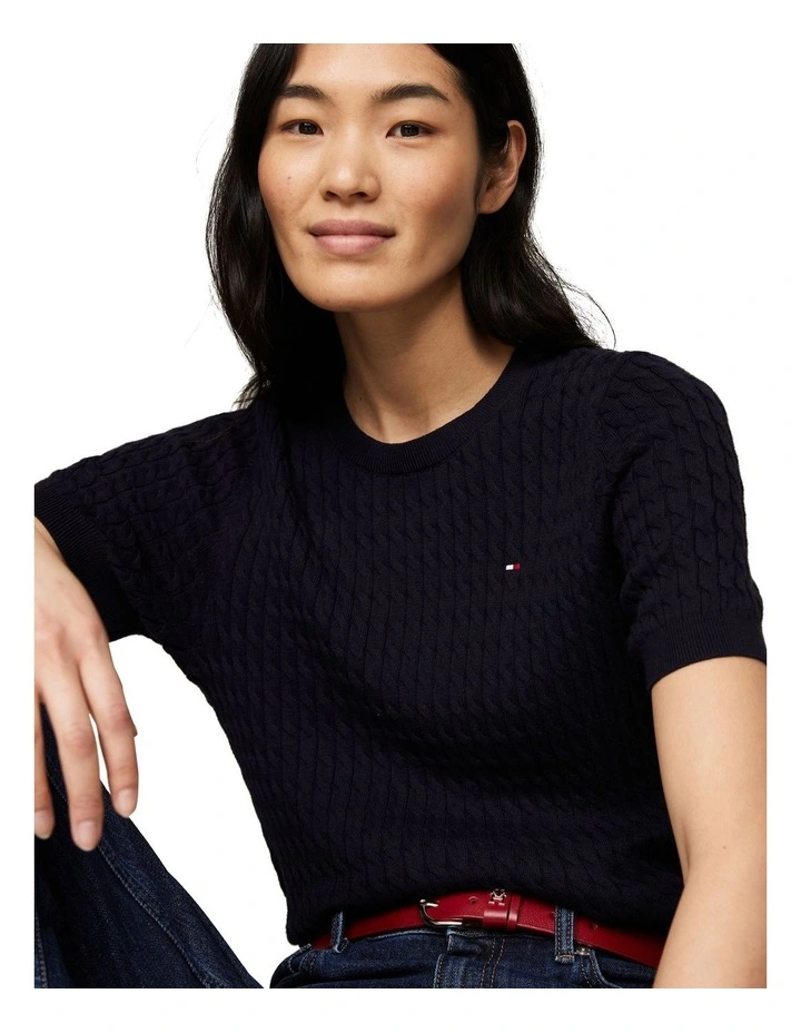 Cable Knit Slim Short Sleeve Jumper in Blue image 4