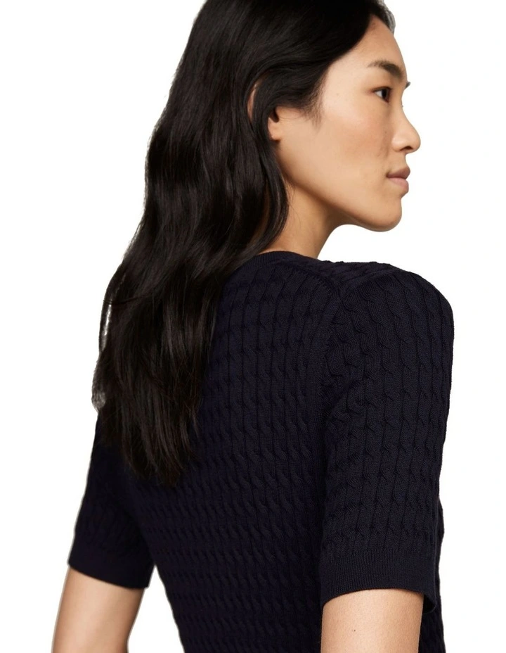 Cable Knit Slim Short Sleeve Jumper in Blue image 5