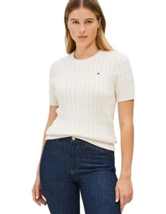 Cable Knit Short Sleeve Jumper in Cream