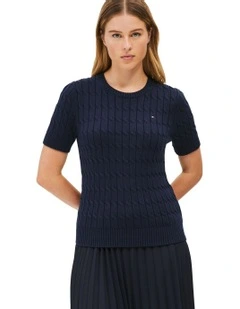 Cable Knit Short Sleeve Jumper in Blue