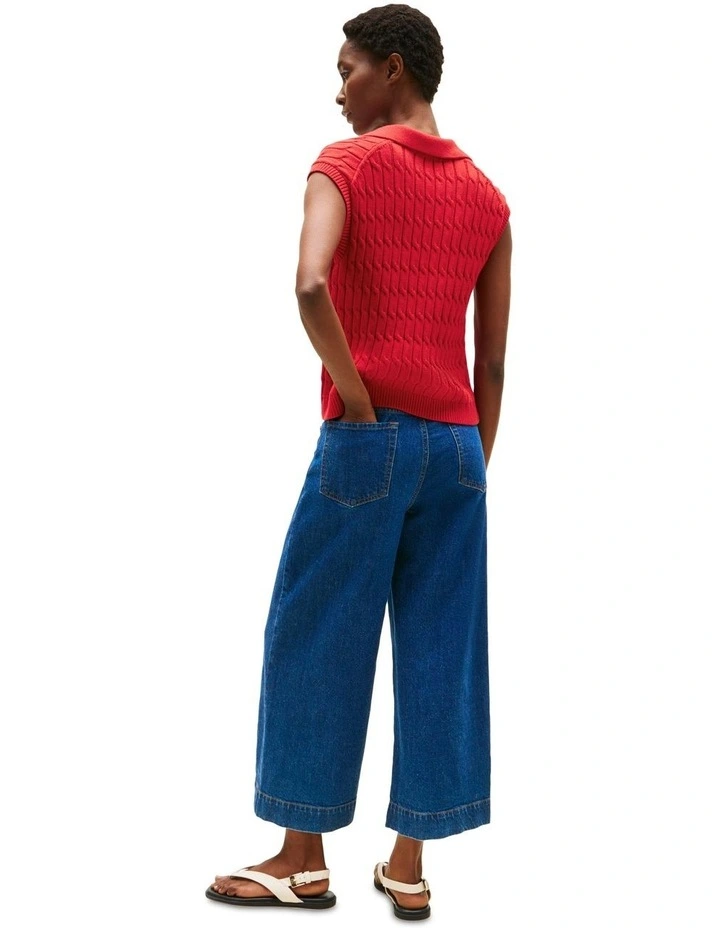 Cable Knit Sleeveless Polo Jumper in Red image 2