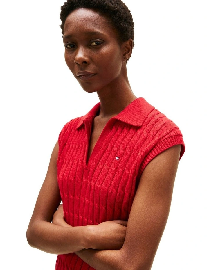 Cable Knit Sleeveless Polo Jumper in Red image 3
