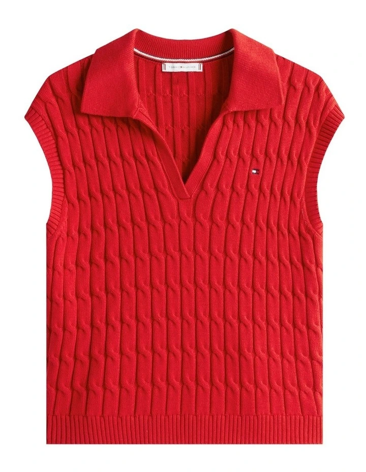 Cable Knit Sleeveless Polo Jumper in Red image 5