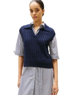 Cable Knit Sleeveless Polo Jumper in Blue