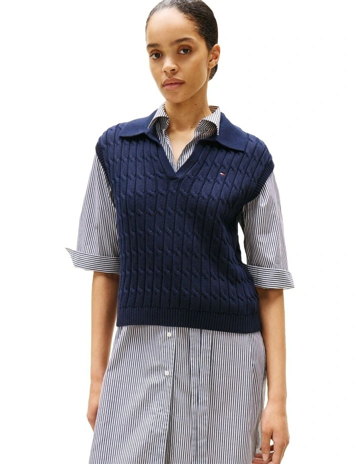 Cable Knit Sleeveless Polo Jumper in Blue image 1