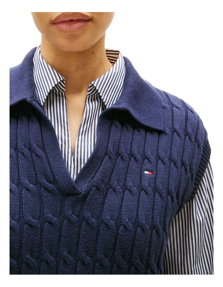 Cable Knit Sleeveless Polo Jumper in Blue image 3