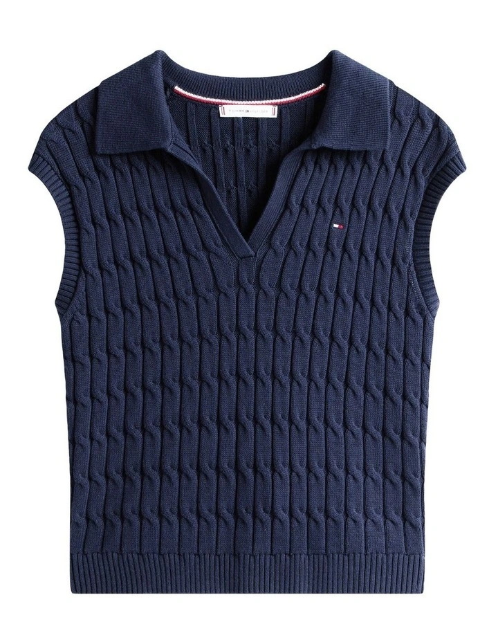 Cable Knit Sleeveless Polo Jumper in Blue image 5