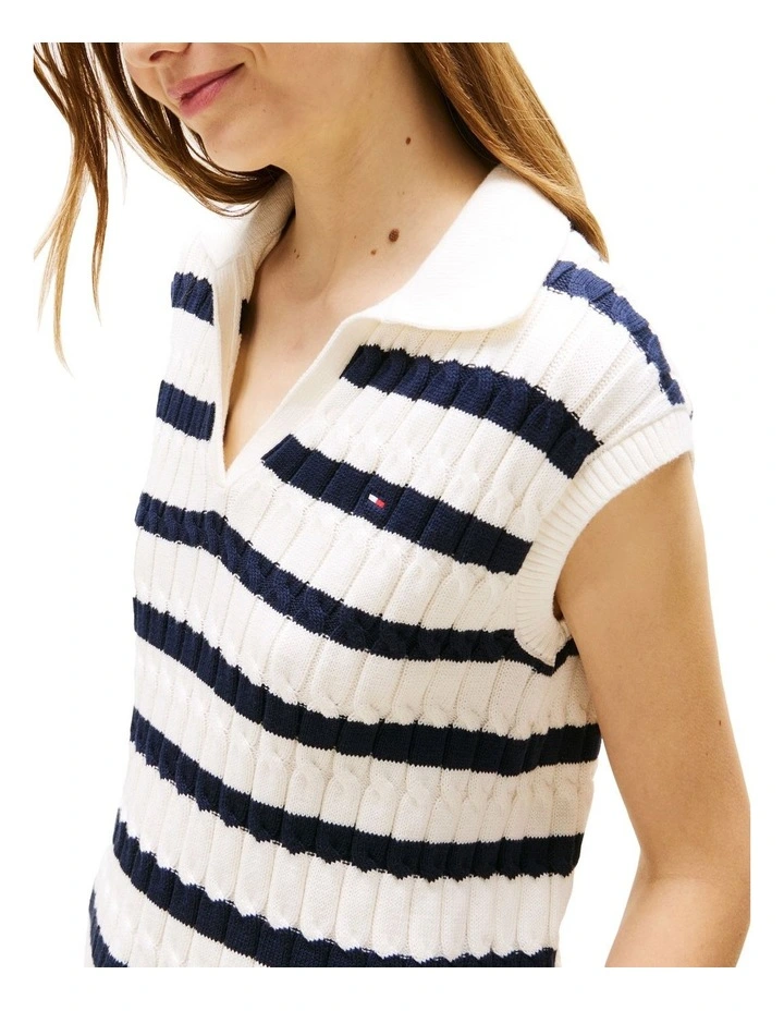 Cable Knit Sleeveless Polo Jumper in White image 3