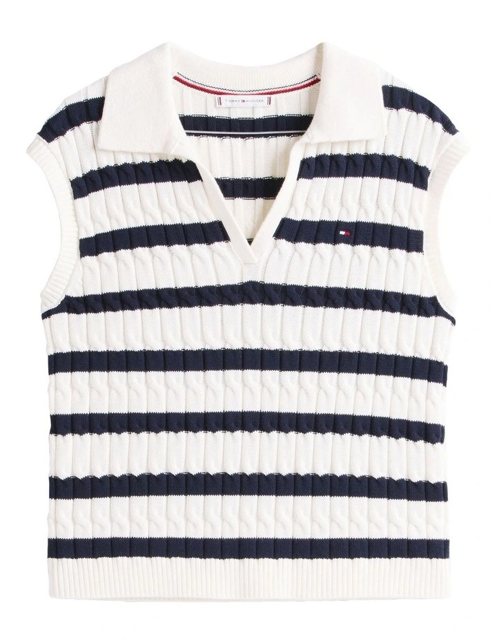 Cable Knit Sleeveless Polo Jumper in White image 5